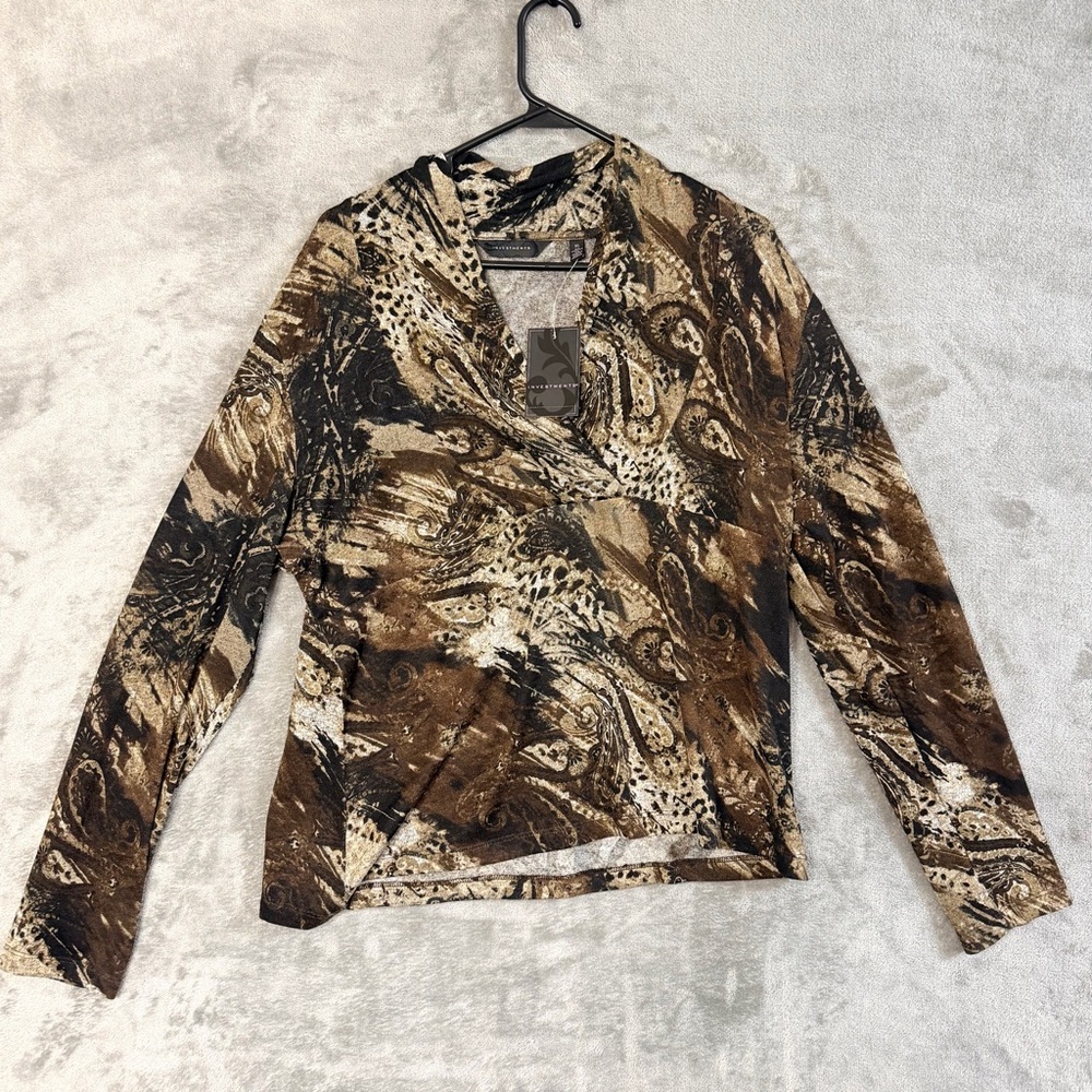 Investments Top XL Brown Abstract Paisley Long Sleeve Stretch Blouse NWT